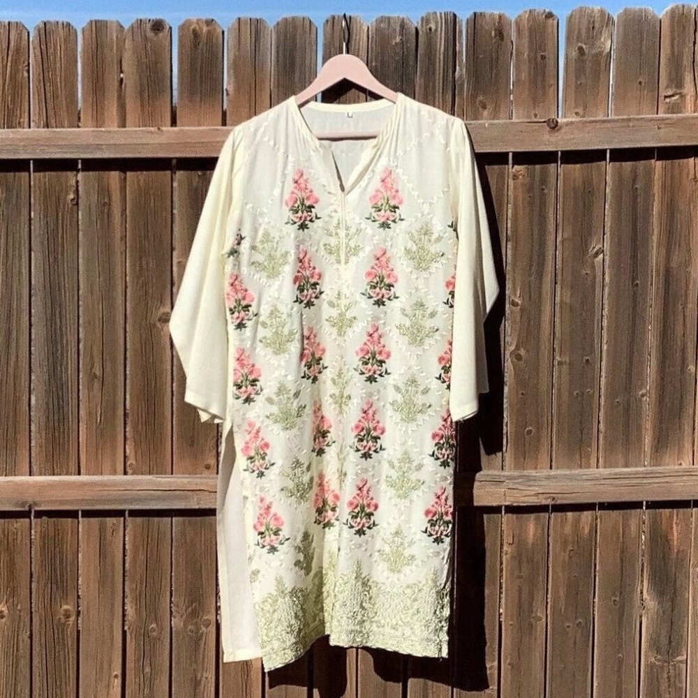 60s Gold Embroidered Floral Kaftan Vintage